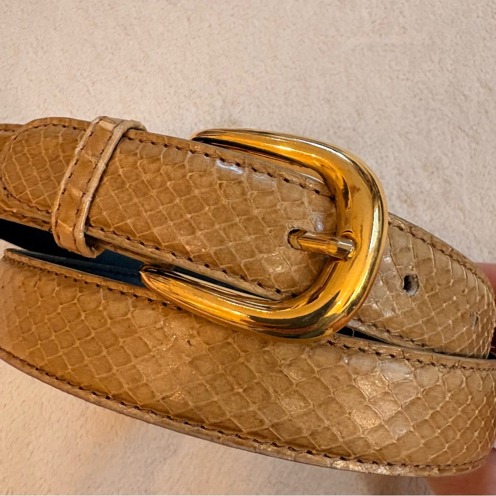 Tan Leather Snakeskin Textured Slim Belt with Gold Buckle Sz M